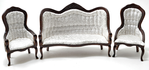 Victorian Sofa and Chair Set, 3Pc, Walnut, White Brocade Fabric